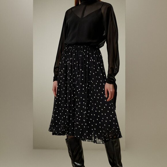 Lilysilk Skirt Womens 10 Black White Polka Dot Silk Chiffon A Line Midi NWT